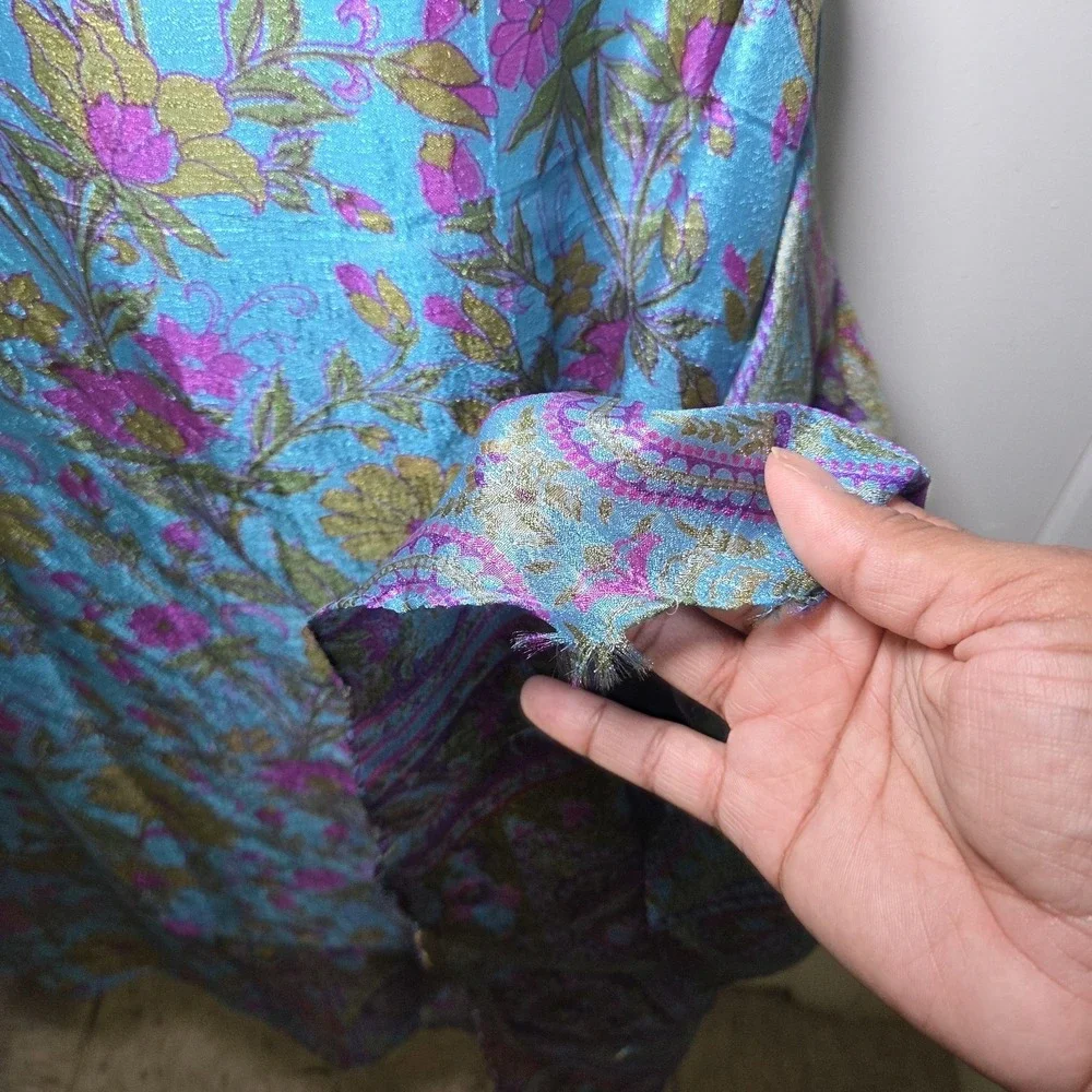 Silk Blend Reversible Wrap Skirt Blue Floral Paisley Boho Sarong Hippie Festival